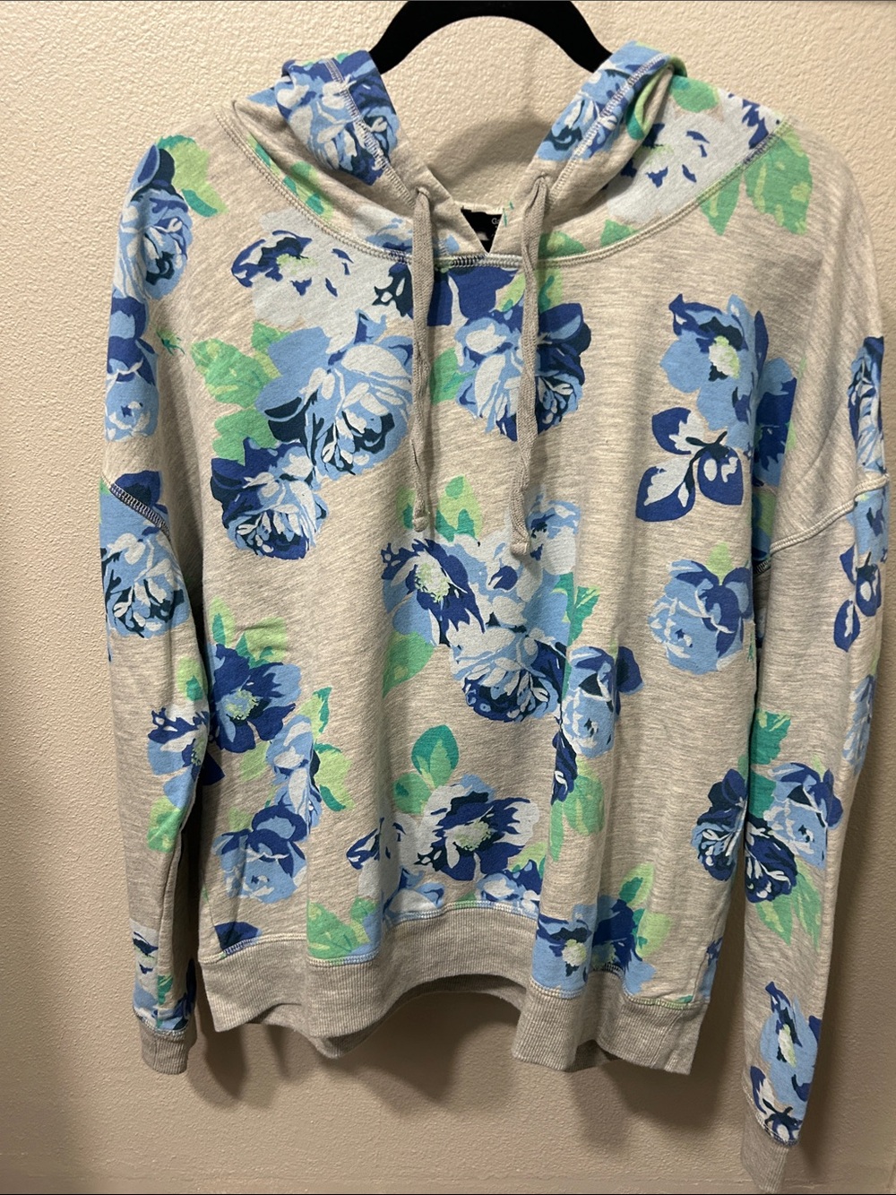 GAP Factory Gray Hooded Sweatshirt with Blue & Green Floral Print